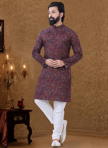 Black And Red Colour New Printed Ethnic Wear Cotton Mens Kurta Pajama Collection KS 1540